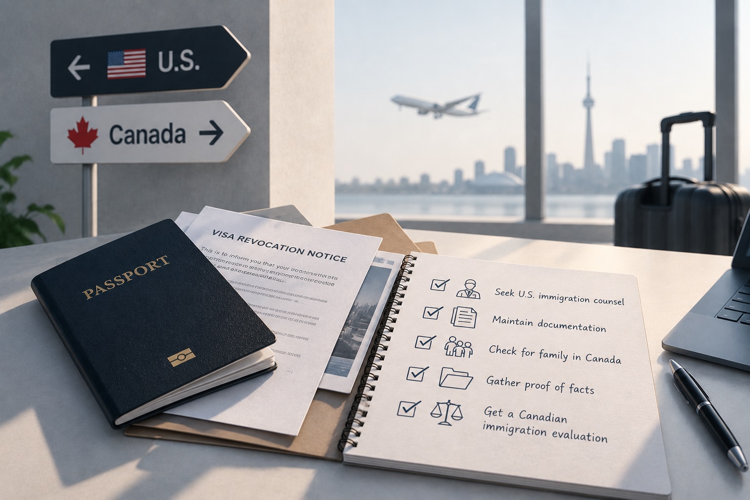 U.S. visa revocation notice with immigration documents and steps to consider before entering Canada