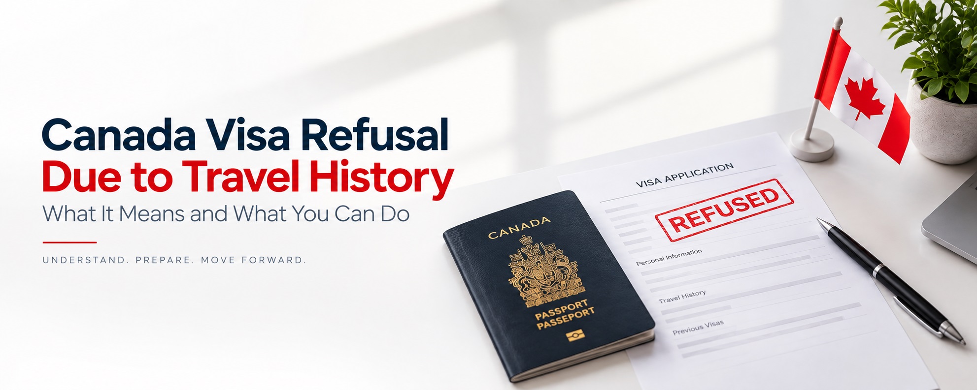 Canada visa refusal due to travel history, featuring a Canadian passport, refused visa application, Canadian flag, and travel documents.