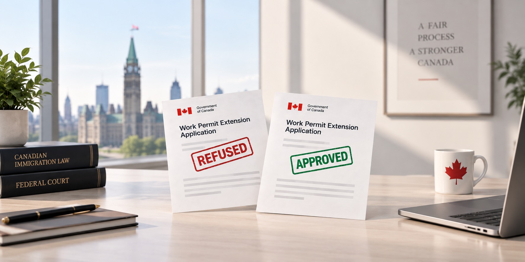 Canadian work permit extension documents showing a refusal and subsequent approval after Federal Court judicial review, with Canadian immigration law books and Parliament in the background.