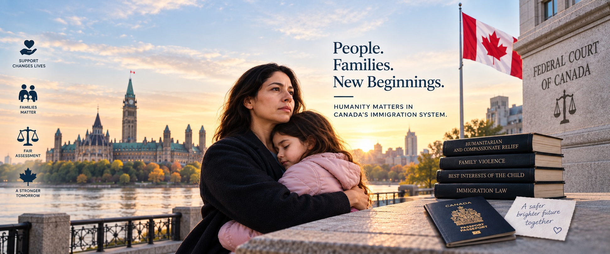 Mother holding her young daughter in Ottawa, with the Canadian flag, Parliament, Federal Court, and immigration law books representing humanitarian and compassionate relief in Canada.
