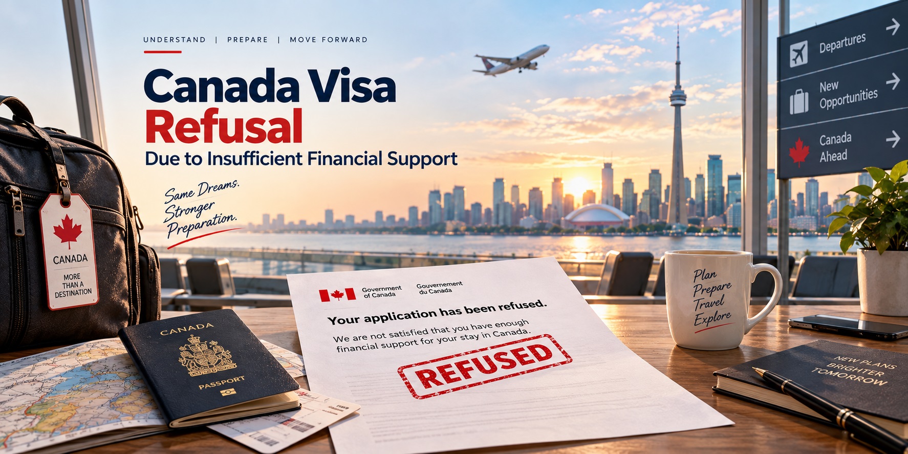 Canada visa refusal due to insufficient financial support, featuring a refused Canadian visa application, passport, travel documents, and Toronto skyline with the CN Tower.