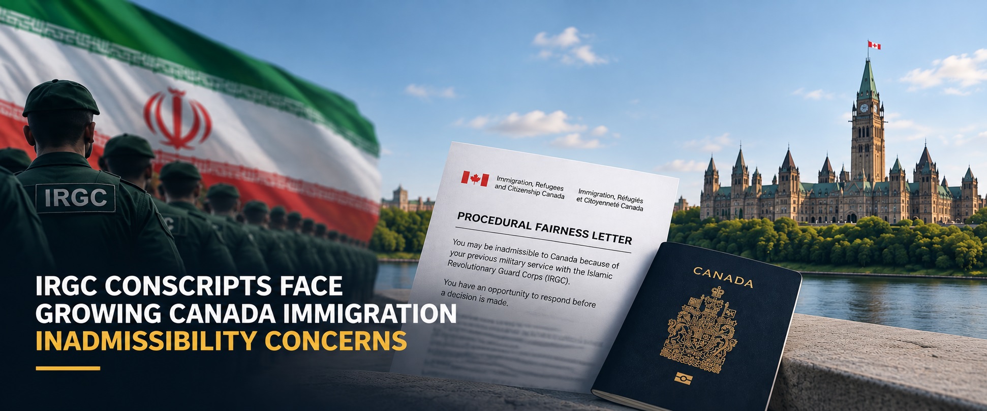 Iranian IRGC conscripts, a Canadian immigration procedural fairness letter, Canadian passport, and Parliament Hill illustrating concerns about IRGC mandatory military service and Canada immigration inadmissibility.