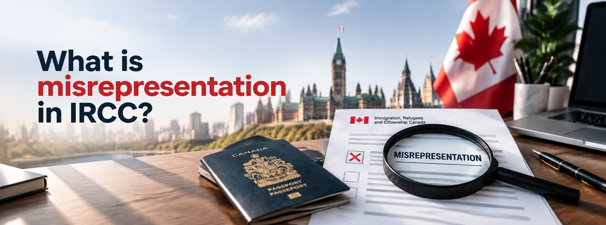 Canadian immigration misrepresentation concept showing an IRCC application, Canadian passport, magnifying glass highlighting “misrepresentation,” Canadian flag, and Parliament buildings in Ottawa.