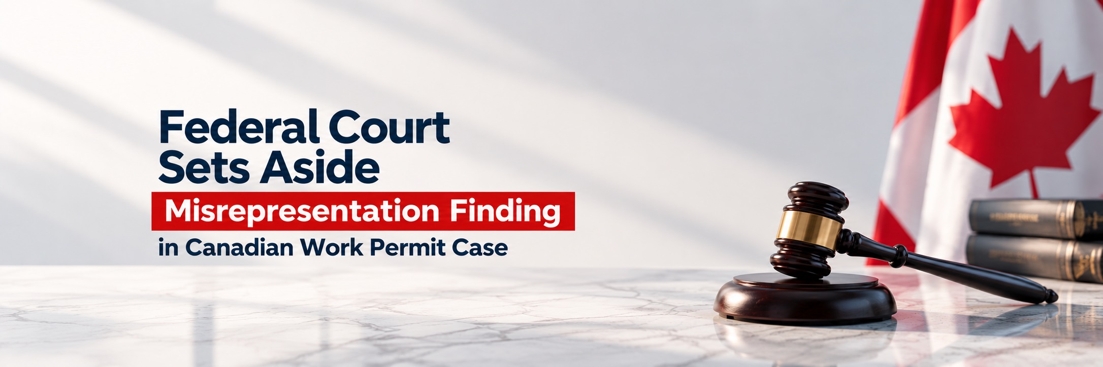 Federal Court of Canada judicial review illustration featuring a judge’s gavel and Canadian flag, highlighting a misrepresentation finding set aside in a Canadian work permit case.