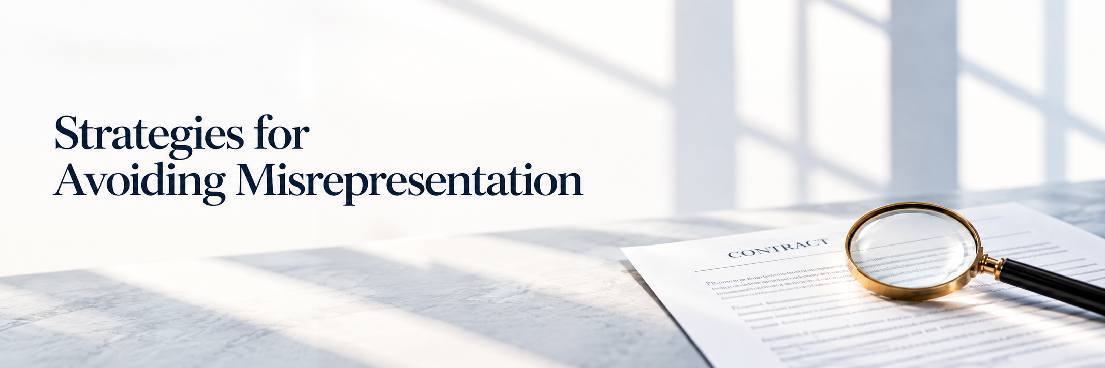 Strategies for avoiding misrepresentation in contracts, shown with a contract document and magnifying glass.