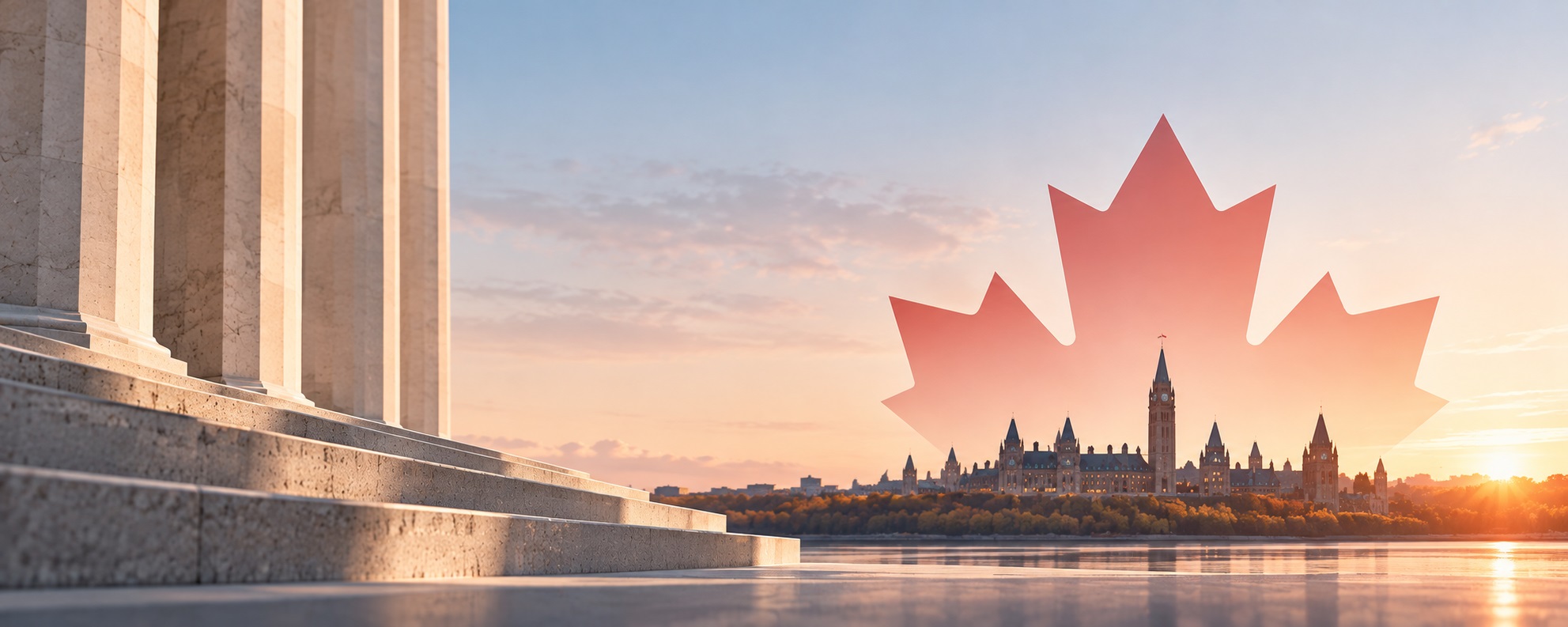 Minimalist illustration of Federal Court judicial review in Canada, featuring courthouse columns, a red maple leaf, and Parliament Hill in Ottawa at sunset, symbolizing Canadian immigration and refugee law.
