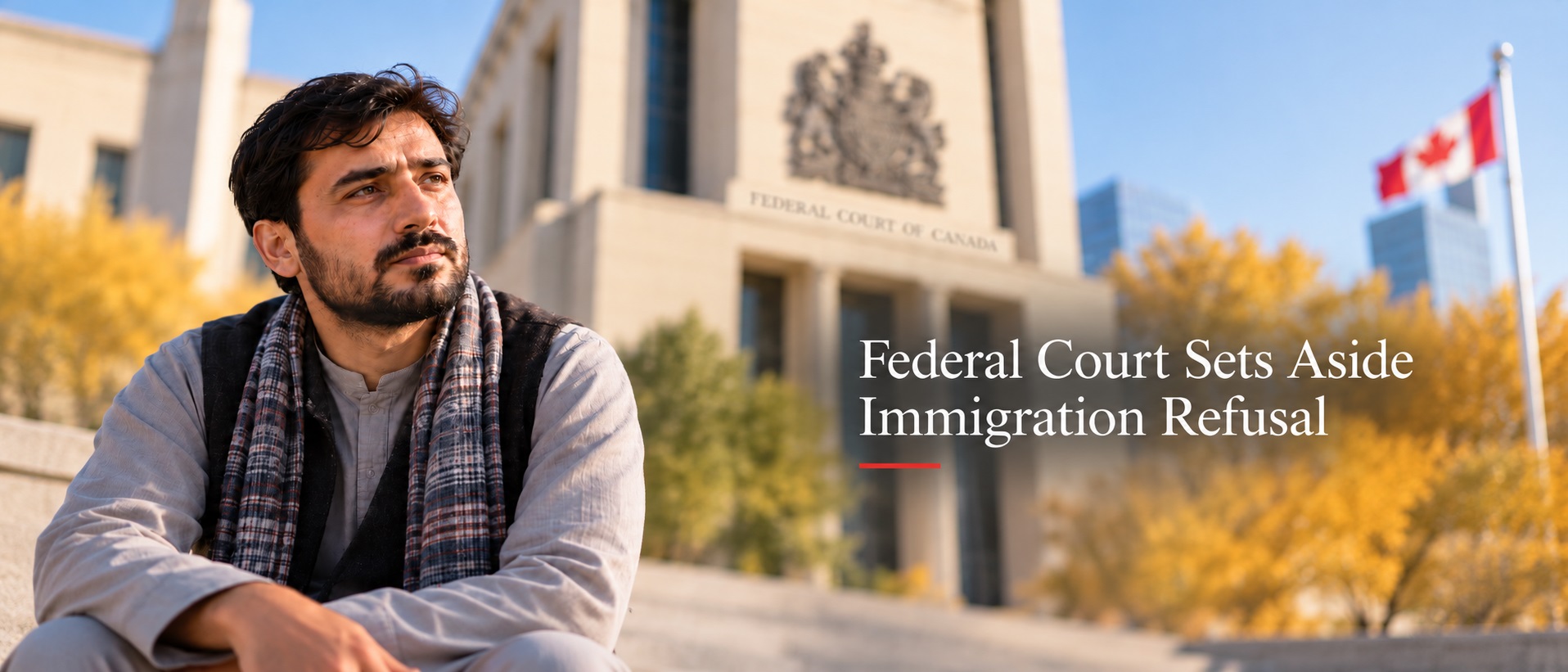 Illustration of an Afghan man outside the Federal Court of Canada, highlighting a judicial review decision setting aside an immigration refusal over reused reasoning.